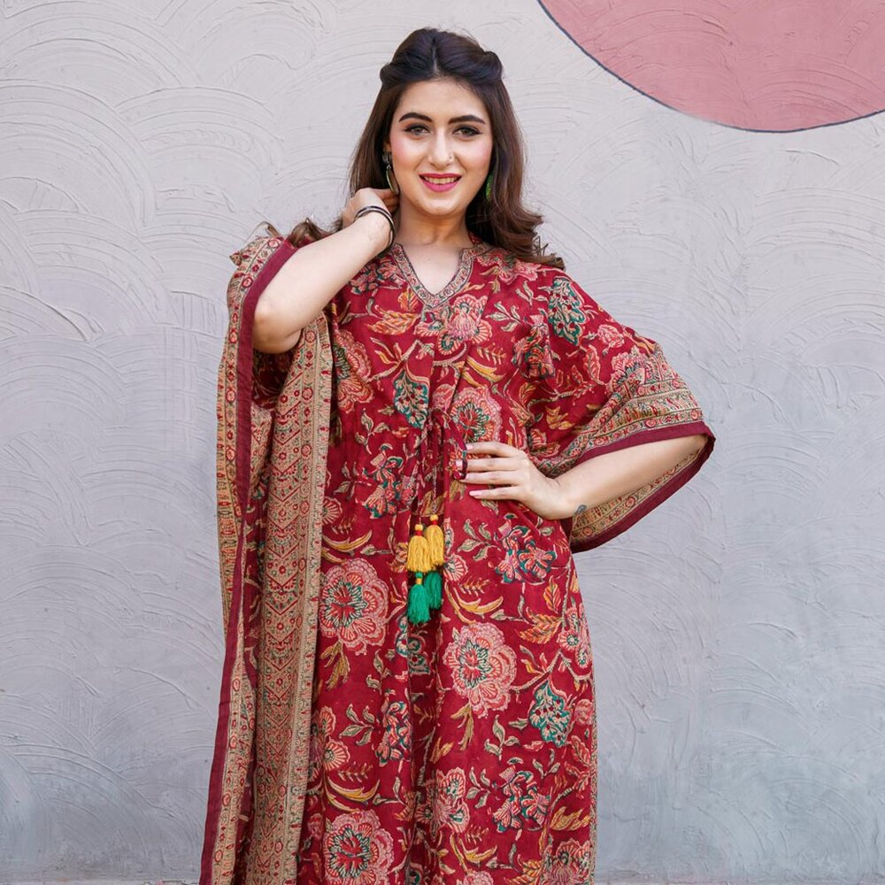 BRICK RED FLORAL BLOCK PRINT COTTON KAFTAN FOR WOMEN - Picture 1 of 5